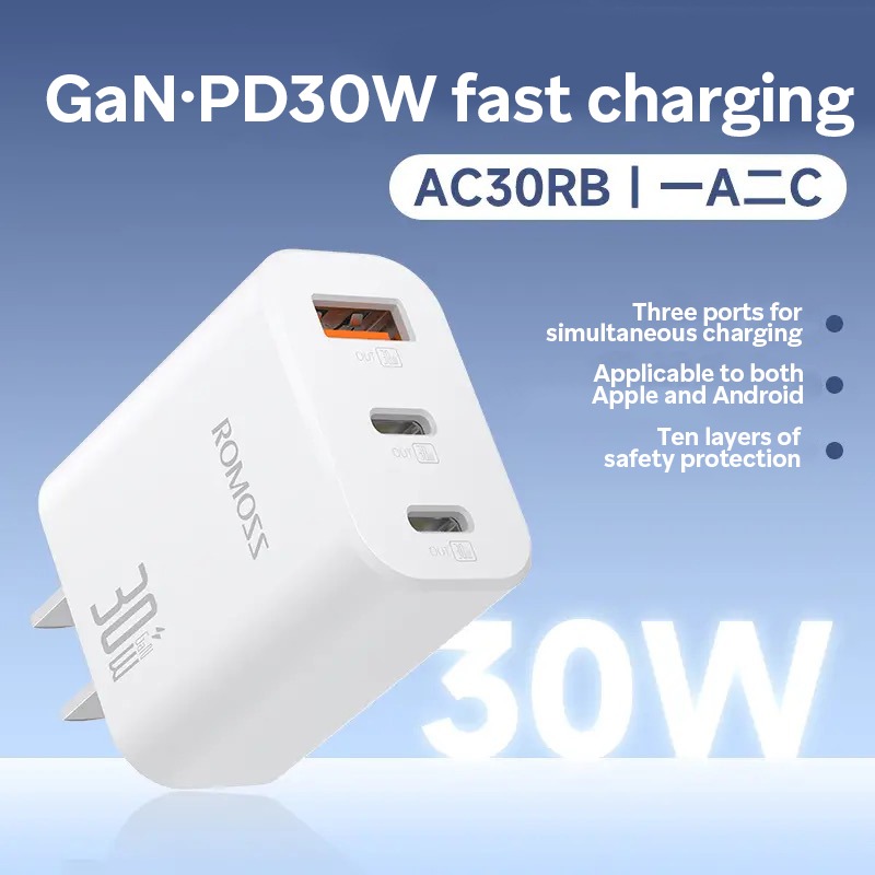 ADAPTADOR ROMOSS-AC65MC UNIVERSAL COMPATIBLE CON MÚLTIPLES PUERTOS USB A Y USB C DE CARGA RÁPIDA  (copia)