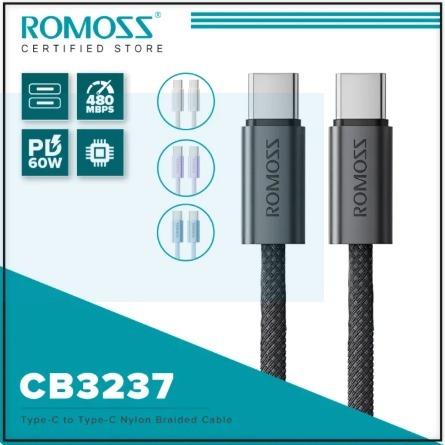 CABLE DE CARGA RÁPIDA ROMOSS CB3237 DE 1.2M, TIPO C A TIPO C, CABLE TRENZADO, CARGA Y TRANSMISIÓN DE 480 MBPS
