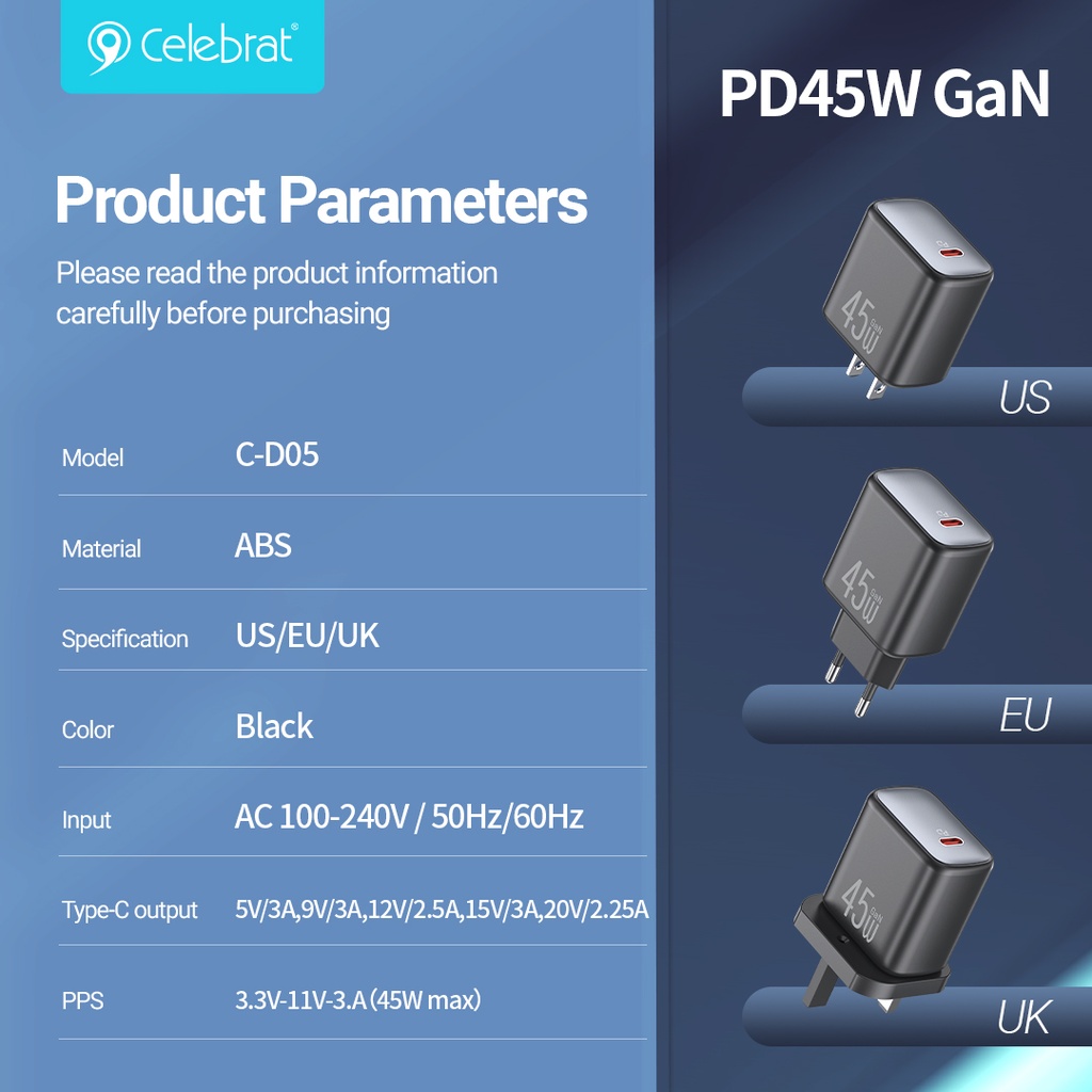 CARGADOR RÁPIDO CELEBRAT C-D05 45W PD (USB-C)