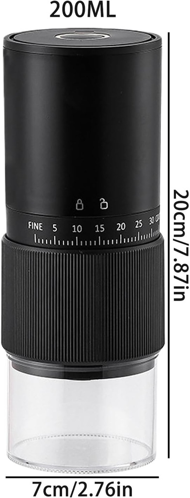 MOLINILLO DE CAFÉ ELÉCTRICO, MOLINILLO DE CAFÉ AJUSTABLE, 2.76 X 7.87 PULGADAS, MOLINILLOS DE REDUCCIÓN DE RUIDO, RECARGABLE Y COMPACTO PARA COCINA PARA FAMILIARES, AMIGOS, NEGRO/BLANCO