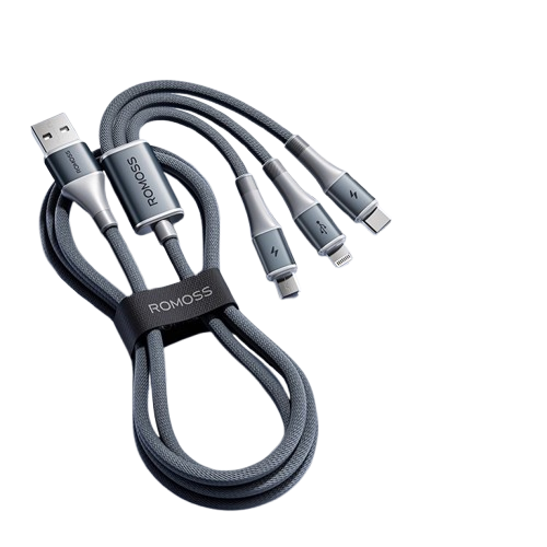 CABLE DE CARGA RÁPIDA 3 EN 1 ROMOSS 100W, CABLE DE CARGA MICRO USB, LIGHTNING, TIPO C - CB253A