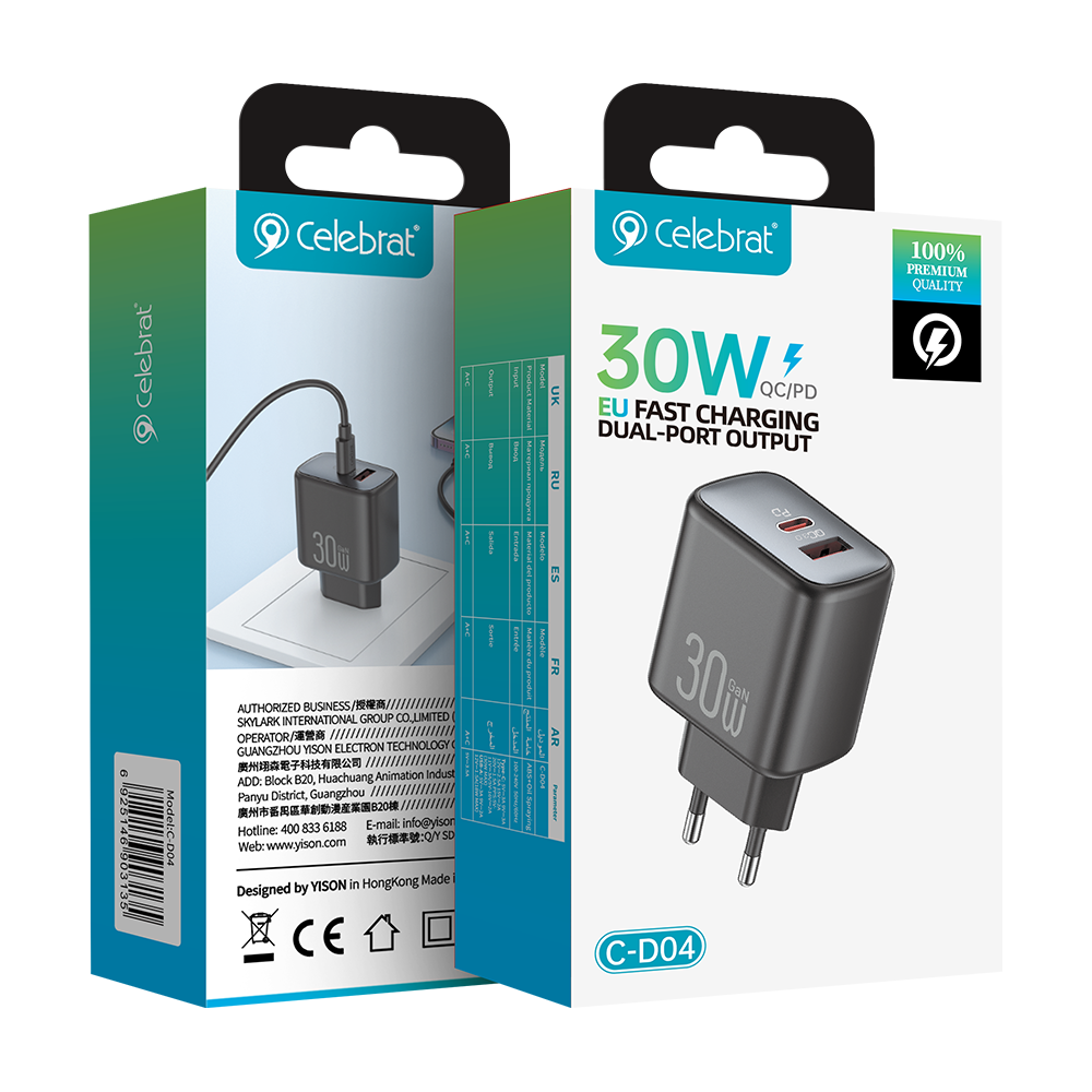 CARGADOR RÁPIDO CELEBRAT C-D04 30W QC / PD – DOBLE PUERTO
