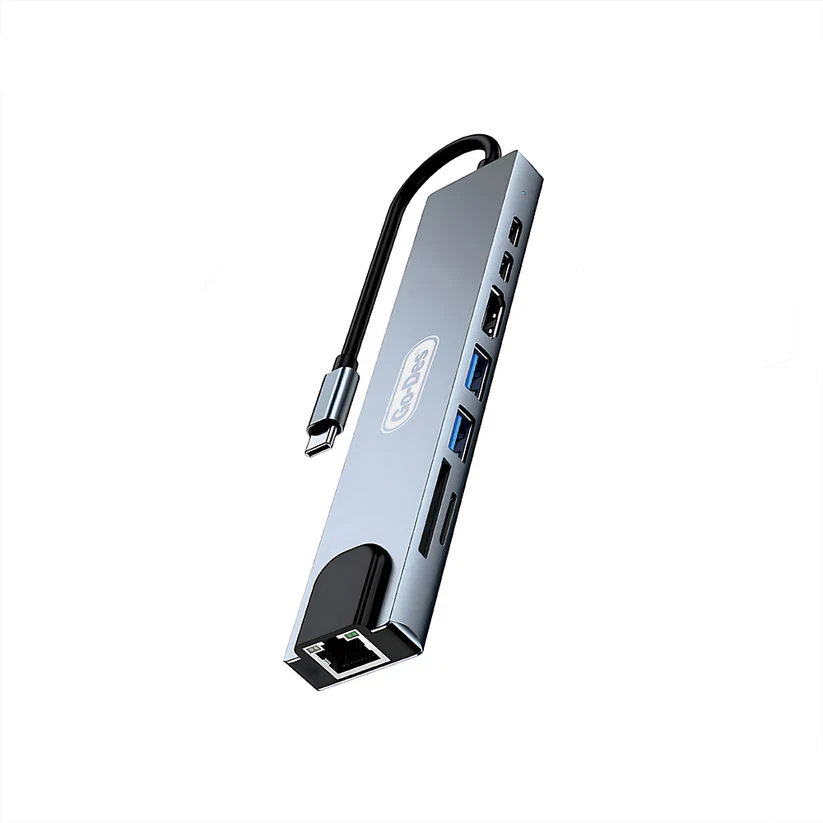 GO DES GD-9218 8IN1 USB3.0 + PD + HDMI 4K ULTRA HD + RJ45 + ADAPTADOR DE HUB SD/TF CON CONEXIÓN TIPO C